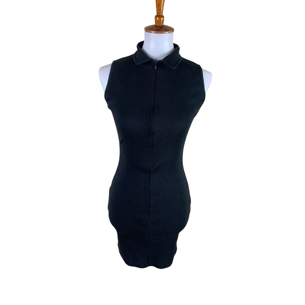 Nasty Gal 0 Black Ribbed Zip Front Bodycon Mini Dress Y2K Going Out Moto